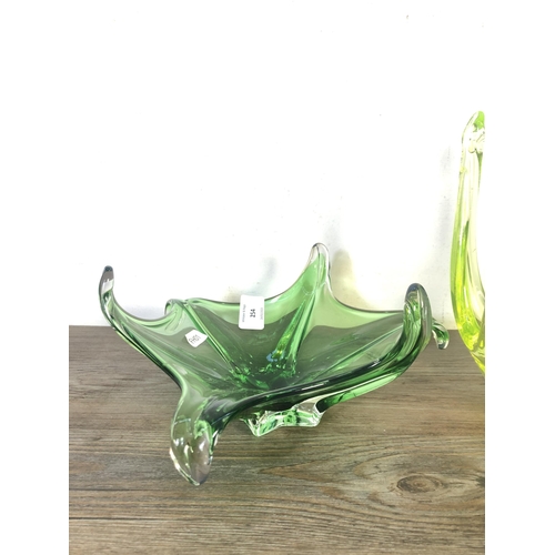 254 - Three mid 20th century Murano style green art glass centre piece bowls to include uranium glass exam... 