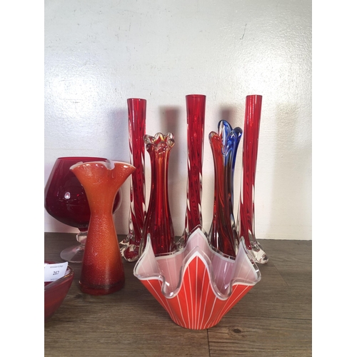 267 - Fourteen pieces of mid 20th century red glassware