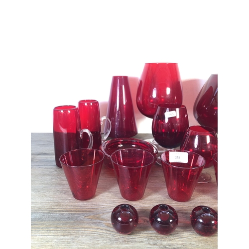 275 - Eighteen pieces of red glassware to include Whitefriars controlled bubble circular dish etc.