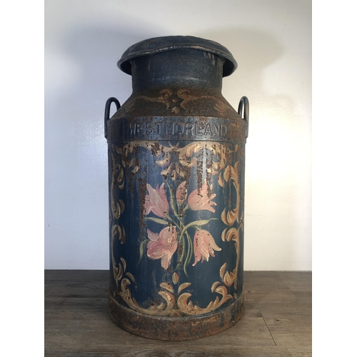 304 - A vintage hand painted milk churn marked Libby Milnthorpe - approx. 69cm high