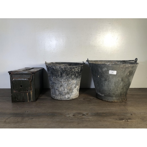 307 - Three pieces of metalware, two galvanised coal buckets and one green metal military ammunition box m... 