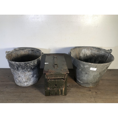 307 - Three pieces of metalware, two galvanised coal buckets and one green metal military ammunition box m... 