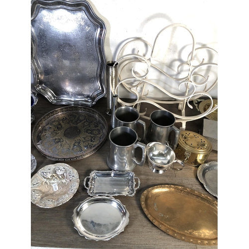 308 - A collection of metalware to include My Lady English hand hammered pewter lidded box, Viners of Shef... 