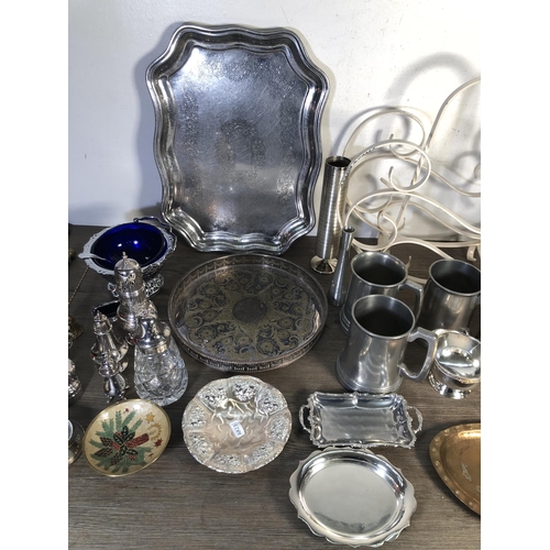 308 - A collection of metalware to include My Lady English hand hammered pewter lidded box, Viners of Shef... 