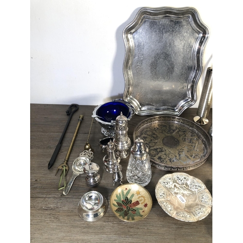 308 - A collection of metalware to include My Lady English hand hammered pewter lidded box, Viners of Shef... 