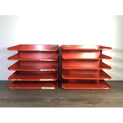 309 - Two Bisley red metal five tier office desk top shelving units - approx. 37cm high x 39cm wide x 23cm... 