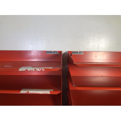 309 - Two Bisley red metal five tier office desk top shelving units - approx. 37cm high x 39cm wide x 23cm... 