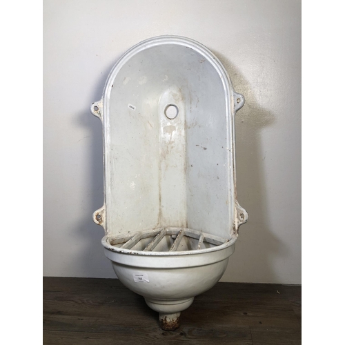 312 - A French white painted cast iron wall fountain - approx. 75cm high