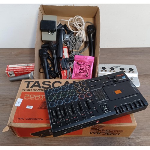 623 - A collection of items to include boxed Tascam Porta 05 Ministudio, Alesis iO4 recording interface, m... 