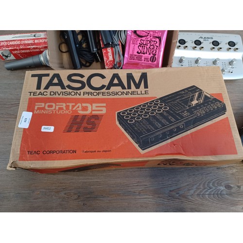 623 - A collection of items to include boxed Tascam Porta 05 Ministudio, Alesis iO4 recording interface, m... 