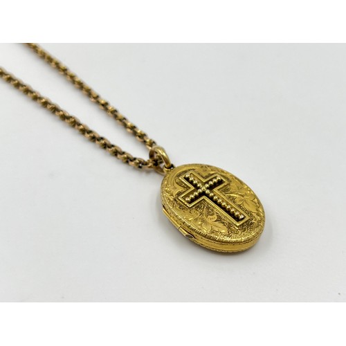 1088 - A stamped 9ct gold belcher chain necklace with yellow metal cross locket pendant - approx. gross wei... 