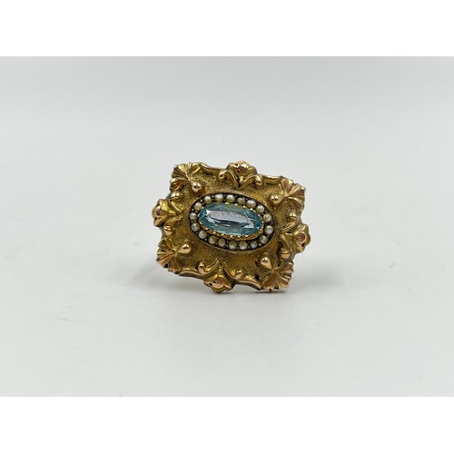 1089 - A late 19th/early 20th century yellow metal seed pearl and aquamarine pin brooch - approx. gross wei... 