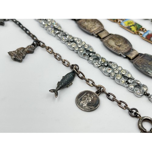 1091 - Five bracelets to include silver charm bracelet - approx. gross weight 16 grams etc.