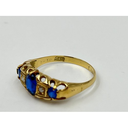 1092 - A hallmarked Birmingham 18ct gold sapphire and diamond ring, dated 1913, size T - approx. gross weig... 