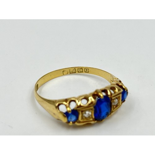 1092 - A hallmarked Birmingham 18ct gold sapphire and diamond ring, dated 1913, size T - approx. gross weig... 