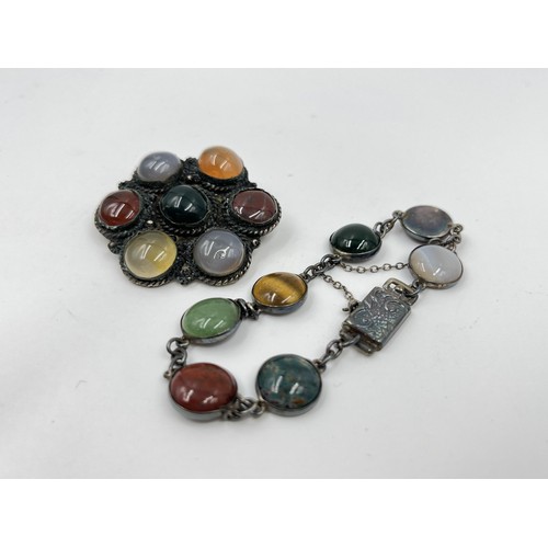 1097 - Two pieces of vintage white metal and multi-gemstone jewellery, one brooch and one panel bracelet - ... 