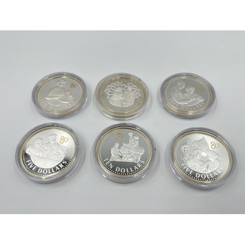 1241 - Six 2006 92.5% silver coins, two Caribbean States ten dollars, two Fiji five dollars, one Solomon Is... 