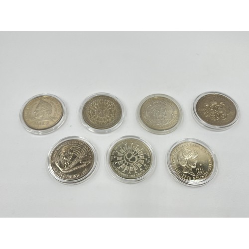 1242 - Seven five pound coins, 1990, 2007, 2000, 2006 Tristan da Cunha, 1999, 1998 and 2009