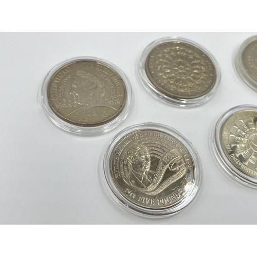 1242 - Seven five pound coins, 1990, 2007, 2000, 2006 Tristan da Cunha, 1999, 1998 and 2009