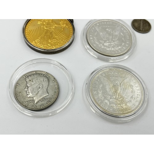 1247 - Seven United States of America coins, one 1943 .900 silver one dime, one Highland Mint .999 silver b... 