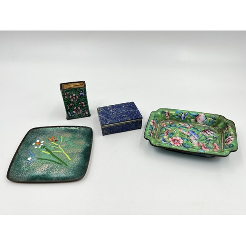 1180 - Four items, two enamel trinket dishes, one enamel matchbox holder and one lapis lazuli pill box