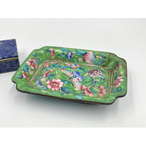 1180 - Four items, two enamel trinket dishes, one enamel matchbox holder and one lapis lazuli pill box