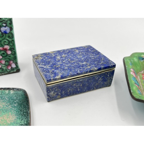 1180 - Four items, two enamel trinket dishes, one enamel matchbox holder and one lapis lazuli pill box