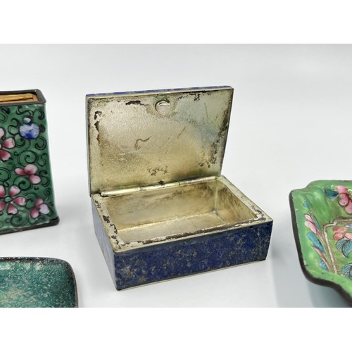 1180 - Four items, two enamel trinket dishes, one enamel matchbox holder and one lapis lazuli pill box