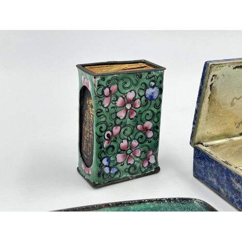 1180 - Four items, two enamel trinket dishes, one enamel matchbox holder and one lapis lazuli pill box