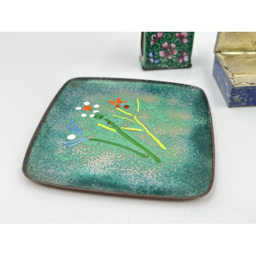 1180 - Four items, two enamel trinket dishes, one enamel matchbox holder and one lapis lazuli pill box