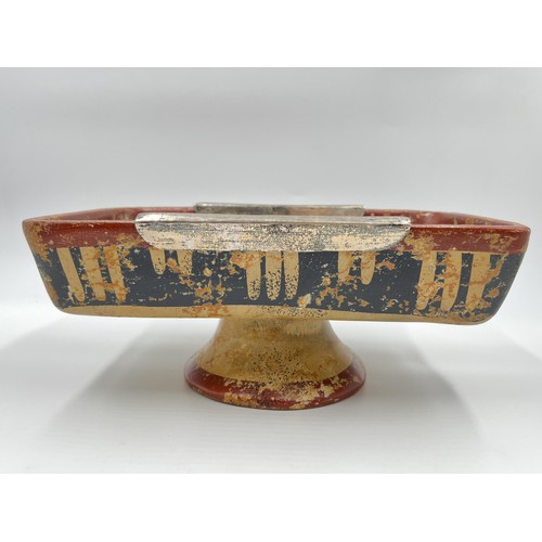 199 - A tribal style hand painted plaster rectangular pedestal bowl with Argenta .925 silver sides - appro... 