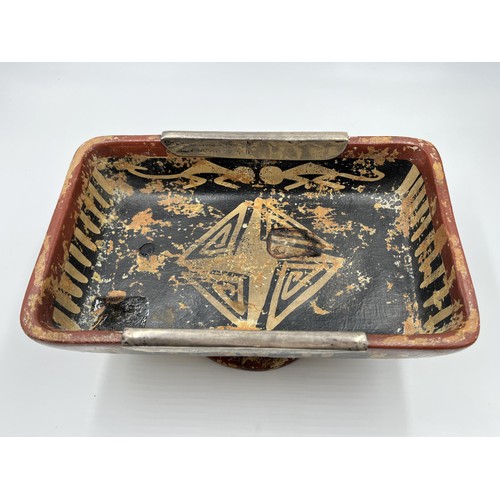 199 - A tribal style hand painted plaster rectangular pedestal bowl with Argenta .925 silver sides - appro... 