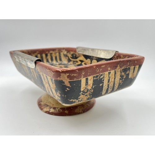 199 - A tribal style hand painted plaster rectangular pedestal bowl with Argenta .925 silver sides - appro... 