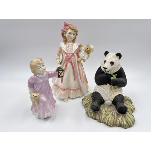 203 - Three Royal Doulton figurines, Endangered Species Panda DA150, Time For Bed HN 3762 and Bed Time lim... 