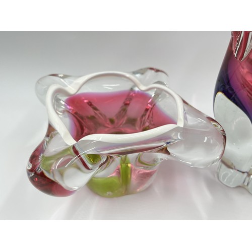 206 - Two pieces of 1960s Josef Hospodka art glassware, one cat vase - approx. 24cm high and one ashtray