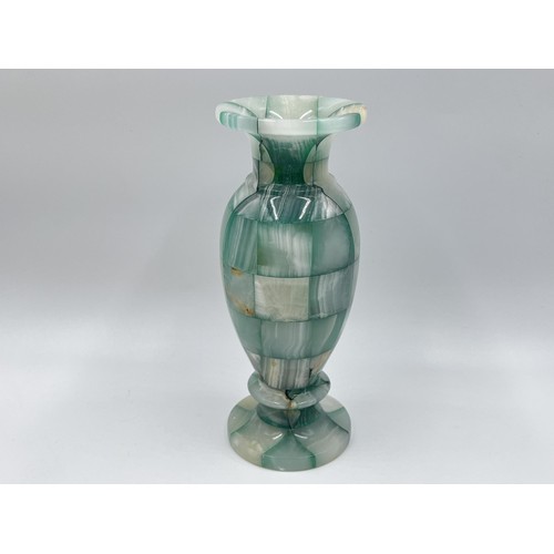 207 - Three items, two Edinburgh crystal candle sticks - approx. 15cm high and one green onyx vase - appro... 