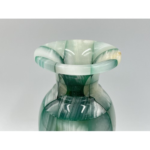 207 - Three items, two Edinburgh crystal candle sticks - approx. 15cm high and one green onyx vase - appro... 