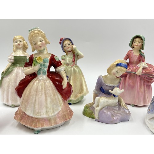 216 - Seven Royal Doulton figurines, Goody Two Shoes HN 2037, Monica HN 1467, Babie HN 1679, Mary Had A Li... 