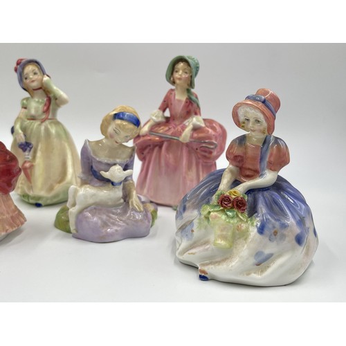 216 - Seven Royal Doulton figurines, Goody Two Shoes HN 2037, Monica HN 1467, Babie HN 1679, Mary Had A Li... 