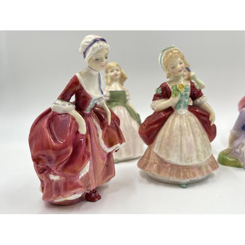 216 - Seven Royal Doulton figurines, Goody Two Shoes HN 2037, Monica HN 1467, Babie HN 1679, Mary Had A Li... 