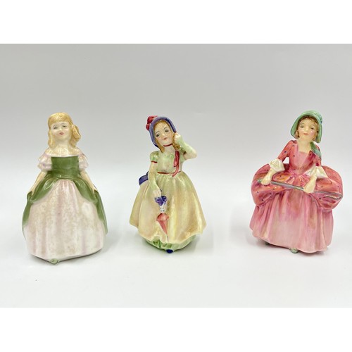 216 - Seven Royal Doulton figurines, Goody Two Shoes HN 2037, Monica HN 1467, Babie HN 1679, Mary Had A Li... 