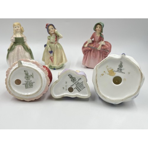 216 - Seven Royal Doulton figurines, Goody Two Shoes HN 2037, Monica HN 1467, Babie HN 1679, Mary Had A Li... 