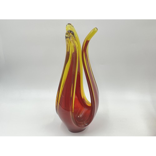 218 - Two Murano red and yellow glass centre piece bowls - largest approx. 26cm high