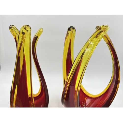 218 - Two Murano red and yellow glass centre piece bowls - largest approx. 26cm high