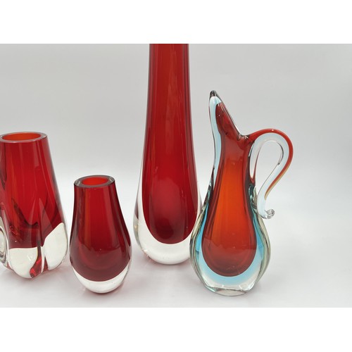 224 - Four pieces of mid 20th century red studio glassware to include Murano Sommerso pitcher etc. - large... 