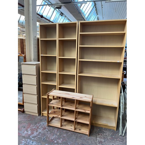 69 - Five pieces of modern furniture, three maple effect bookcases - largest approx. 202.5cm high x 80cm ... 