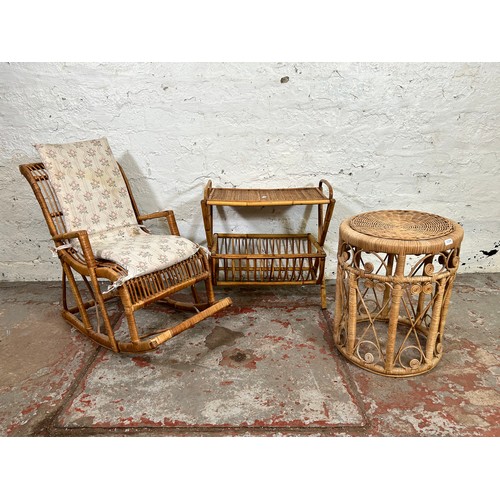 102 - Three pieces of wicker and bamboo furniture, one magazine rack side table, one child's rocking chair... 