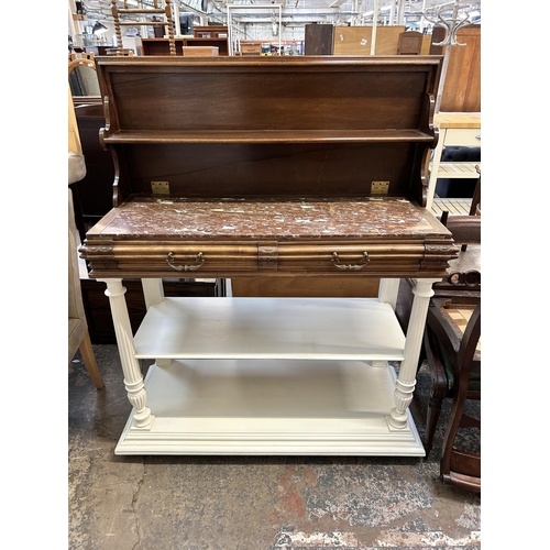 16 - A late 19th century mahogany and white painted buffet sideboard with red marble insert, two drawers ... 