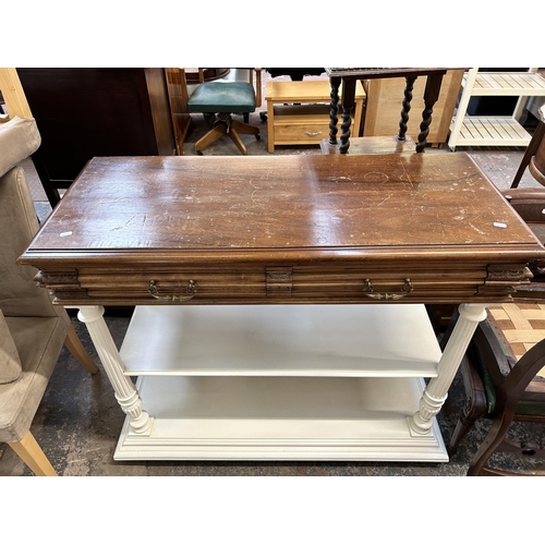 16 - A late 19th century mahogany and white painted buffet sideboard with red marble insert, two drawers ... 