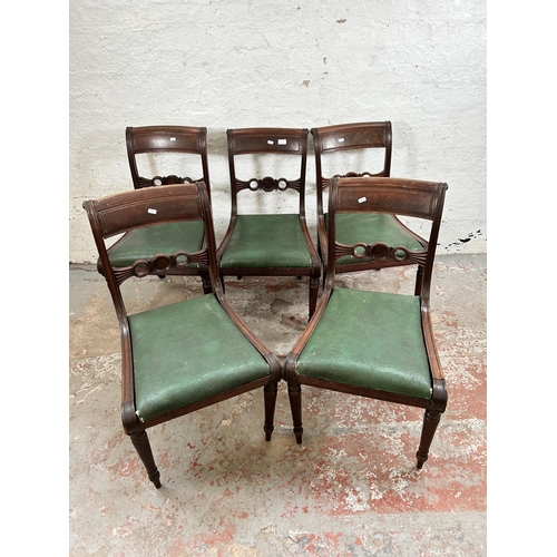 17 - Five Regency mahogany dining chairs with green leather upholstery, stamped R.C to underside